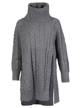 Slitted cable-knit turtle neck sweater light grey