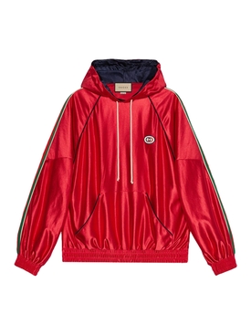 Shiny jersey hooded sweatshirt with Web LIVE RED