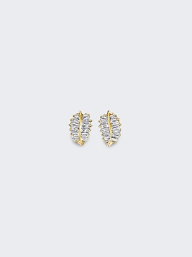 18k yellow gold small palm leaf studs .39cts baguette diamonds
