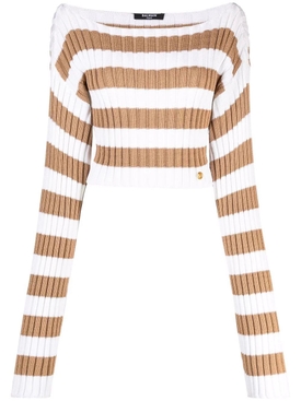 CROPPED OFF-SHOULDER STRIPED KNIT TOP Tan and White