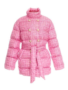 X Barbie Monogram Puffer Coat With Buttons And Belt Pink